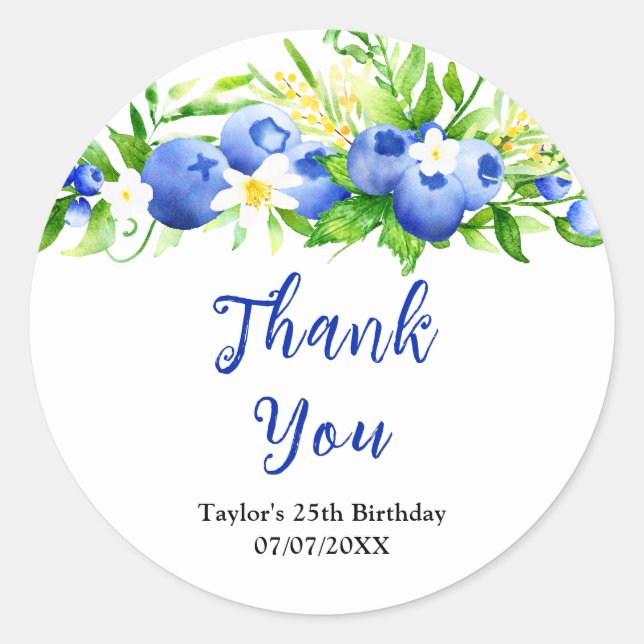 Pegatina Redonda Blueberry Floral Birthday Party Thank You (Anverso)