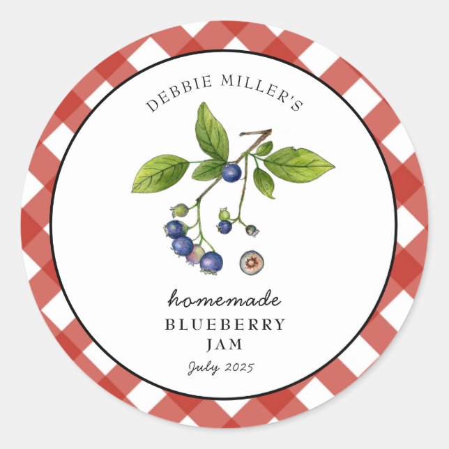 Pegatina Redonda Blueberry Jam Gingham Jam. Jar (Anverso)