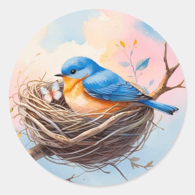 Pegatina Redonda Bluebird Nest Envelope Seal |Soft Pastel Stickers (Anverso)