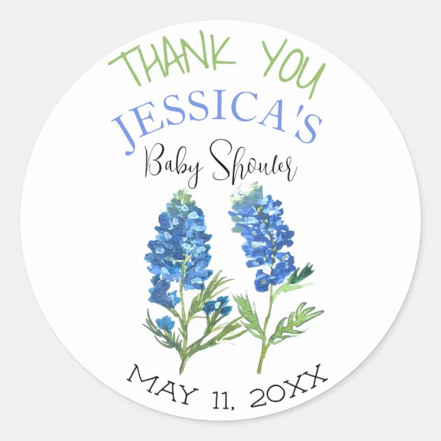 Pegatina Redonda Bluebonnets Flowers Texas Baby Shower Chica (Anverso)