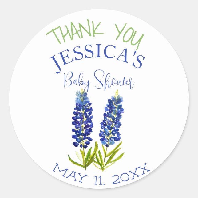 Pegatina Redonda Bluebonnets Flowers Texas Baby Shower Chica (Anverso)