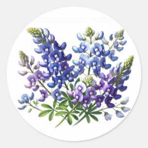 Pegatina Redonda Bluebonnets Texas State Flowe Lupine Watercolor