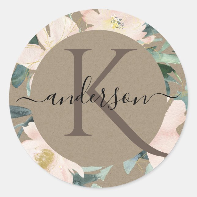 PEGATINA REDONDA BLUSH ÁUREO RÚSTICO MONOGRAMA DE FLORAL DE ACUAREL (Anverso)