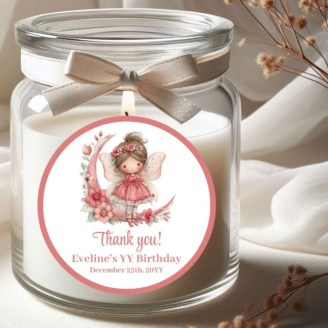 Pegatina Redonda Blush Floral Fairy Cute Girl Birthday Stickers (Blush Floral Fairy Cute Girl Birthday Stickers)