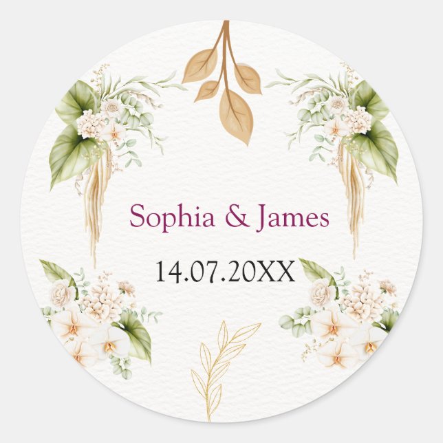 Pegatina Redonda Blush Floral Gold Geometric wedding (Anverso)