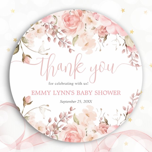 Pegatina Redonda Blush Pink Baby In Bloom Baby Shower Thank You  (Blush Pink Baby In Bloom Baby Shower Thank You Classic Round Sticker)