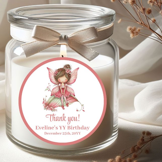 Pegatina Redonda Blush Pink Fairy Whimsy Girl Birthday Stickers (Blush Pink Fairy Whimsy Girl Birthday Stickers)