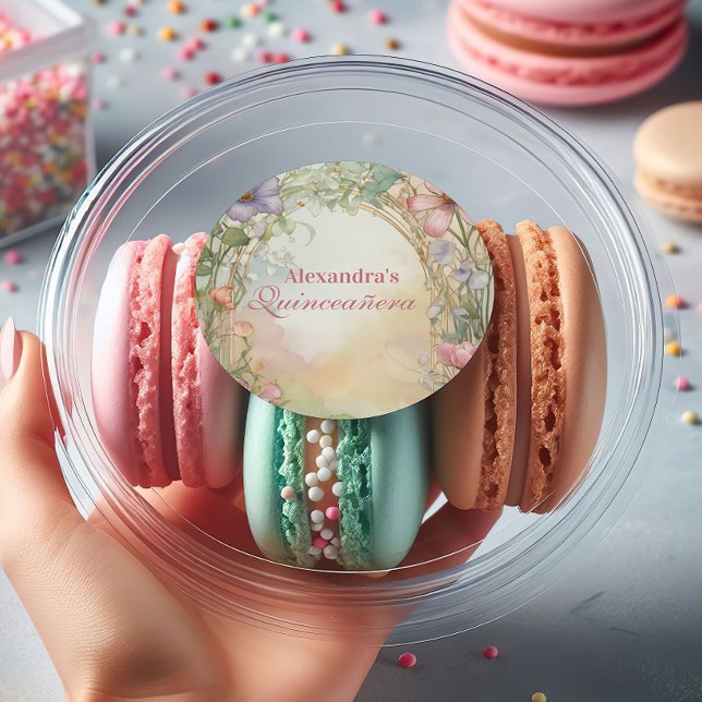 Pegatina Redonda Blush Pink Floral Quinceanera Celebration (Subido por el creador)