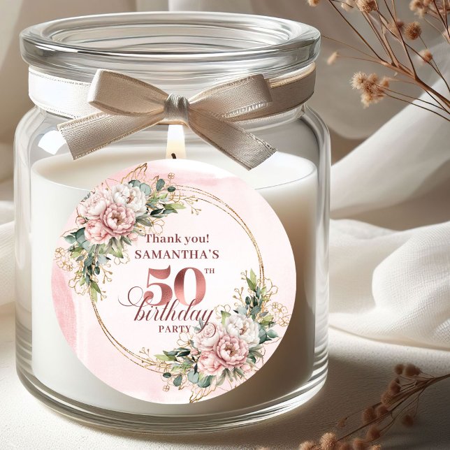 Pegatina Redonda Blush Pink Floral Rose Gold 50th Birthday Stickers (Blush Pink Floral Rose Gold 50th Birthday Stickers)