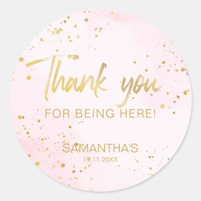 Pegatina Redonda Blush Pink & Gold Confetti Sweet 16 Thank You (Anverso)