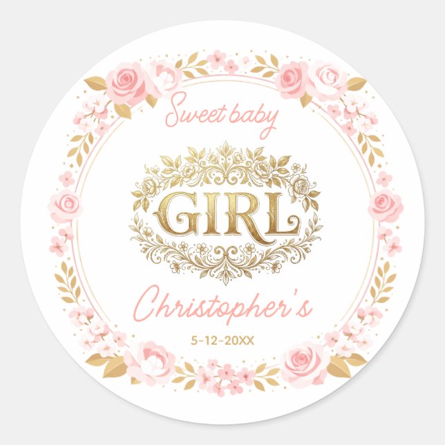 Pegatina Redonda Blush Pink & Gold Floral Girl Baby Shower (Anverso)