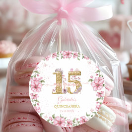 Pegatina Redonda Blush Pink Golden Mis Quince Quinceañera 