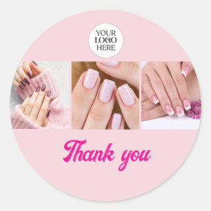 Pegatina Redonda Blush Pink Logotipo de Escritura Foto Uñas Gracias