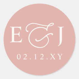 Pegatina Redonda Blush Pink Modern Initials Monogram Wedding