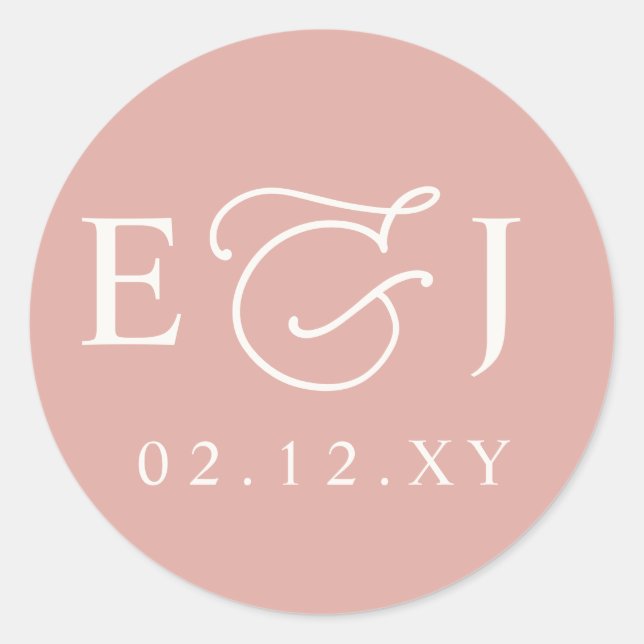 Pegatina Redonda Blush Pink Modern Initials Monogram Wedding (Anverso)