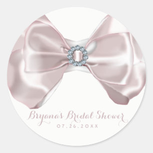 Pegatina Redonda Blush Pink Ribbon & Diamonds Bridal Shower Chic