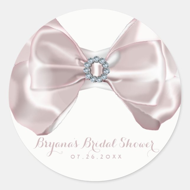 Pegatina Redonda Blush Pink Ribbon & Diamonds Bridal Shower Chic (Anverso)