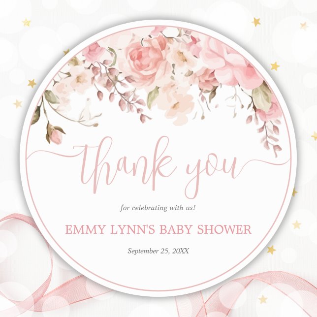 Pegatina Redonda Blush Pink Script Baby Shower Thank You (Blush Pink Script Baby Shower Thank You Classic Round Sticker)