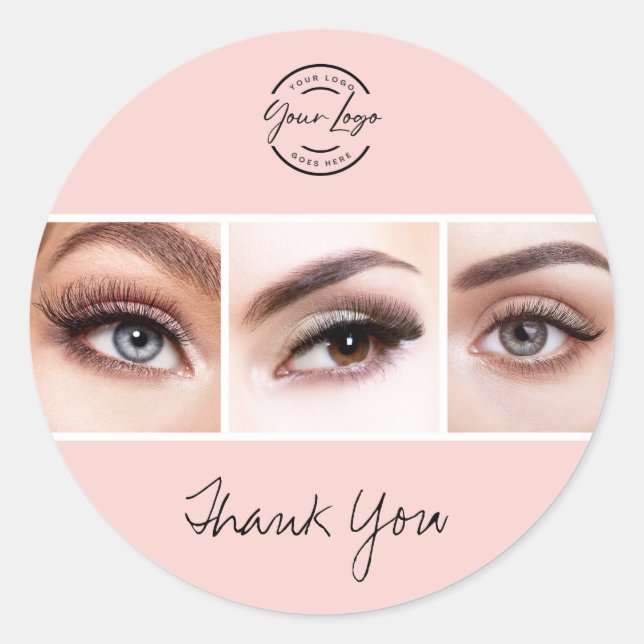 Pegatina Redonda Blush Pink Script Logo Photo Lashes Thank You (Anverso)