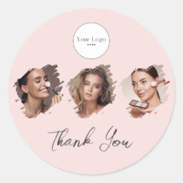 Pegatina Redonda Blush Pink Script Logo Photo Makeup Thank You
