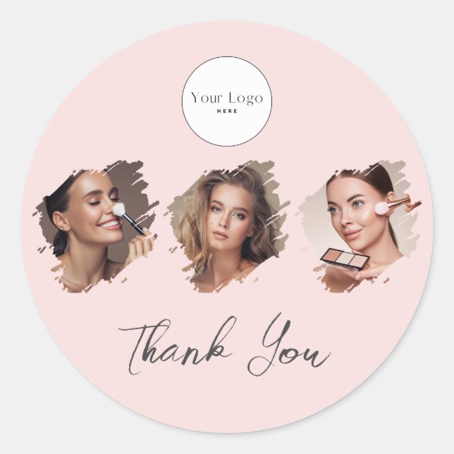 Pegatina Redonda Blush Pink Script Logo Photo Makeup Thank You (Anverso)