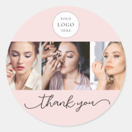 Pegatina Redonda Blush Pink Script Logo Photo Makeup Thank You