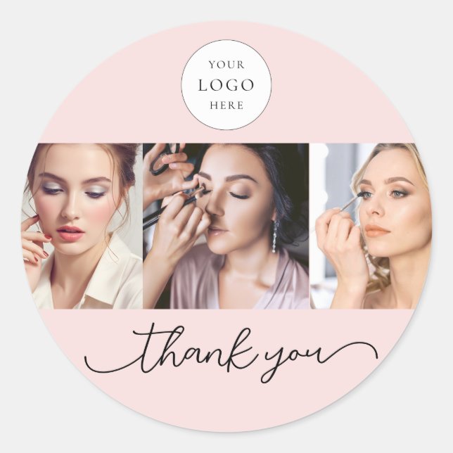 Pegatina Redonda Blush Pink Script Logo Photo Makeup Thank You (Anverso)