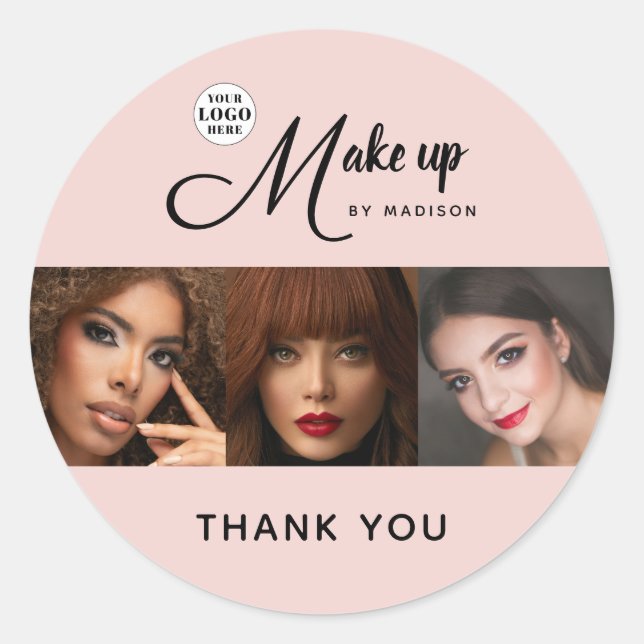 Pegatina Redonda Blush Pink Script Logo Photo Makeup Thank You (Anverso)