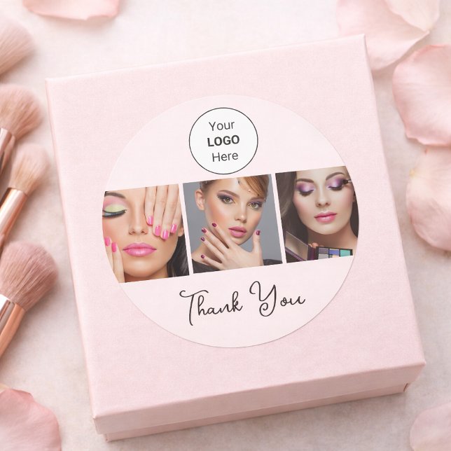 Pegatina Redonda Blush Pink Script Logo Photo Makeup Thank You (Makeup Artist Thank You Sticker with Photo)