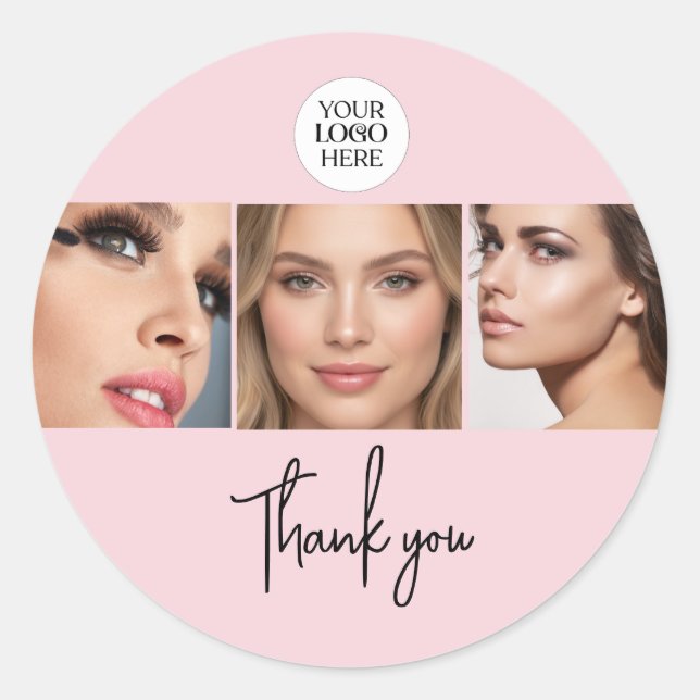 Pegatina Redonda Blush Pink Script Logo Photo Makeup Thank You  (Anverso)