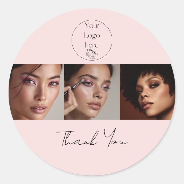 Pegatina Redonda Blush Pink Script Logo Photo Makeup Thank You (Anverso)