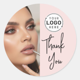 Pegatina Redonda Blush Pink Script Logo Photo Makeup Thank You