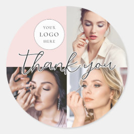Pegatina Redonda Blush Pink Script Logo Photo Makeup Thank You