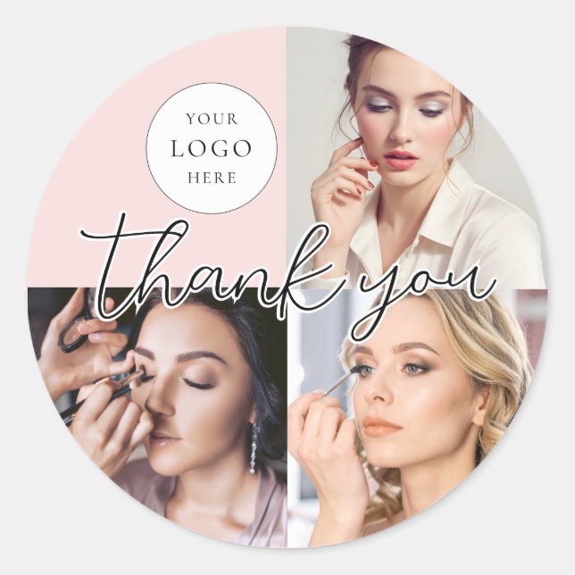 Pegatina Redonda Blush Pink Script Logo Photo Makeup Thank You (Anverso)