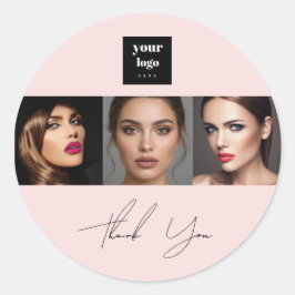 Pegatina Redonda Blush Pink Script Logo Photo Makeup Thank You