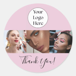 Pegatina Redonda Blush Pink Script Logo Photo Makeup Thank You
