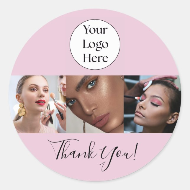 Pegatina Redonda Blush Pink Script Logo Photo Makeup Thank You (Anverso)