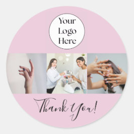 Pegatina Redonda Blush Pink Script Logo Photo Nail Salon Thank You