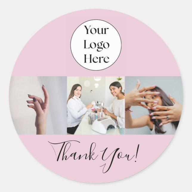 Pegatina Redonda Blush Pink Script Logo Photo Nail Salon Thank You (Anverso)