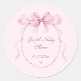 Pegatina Redonda Blush Pink Watercolor Bow Baby Shower Favor Label