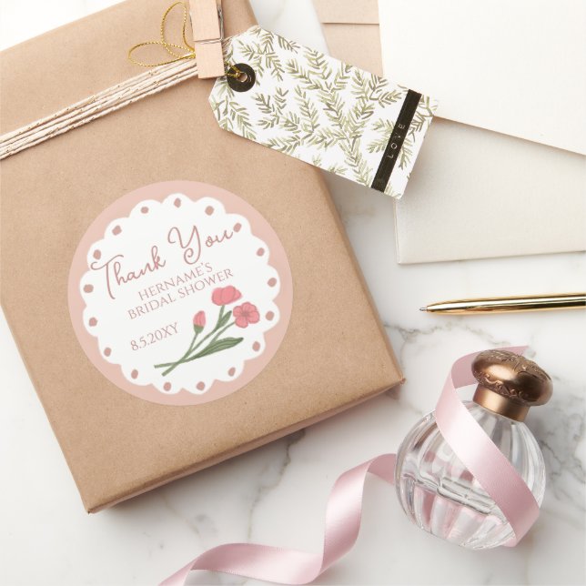Pegatina Redonda Blush Pink Whimsical Thank You Bridal Shower 01 (Regalar)