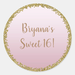 Pegatina Redonda Blush Rosa Bañado Oro Brillo Glam Brillante Fiesta