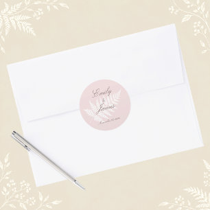 Pegatina Redonda Blush Rosa Blanco Helecho Botánico Minimalista