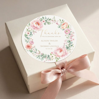 Pegatina Redonda Blush Rosa Floral Boda Agradecimiento 