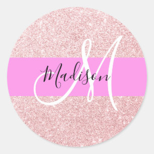 Pegatina Redonda Blush Rosa Glitter Monograma Brillante Rosa de Oro