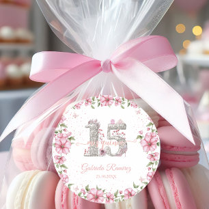 Pegatina Redonda Blush Rosa Plata Mis Quince Quinceañera 