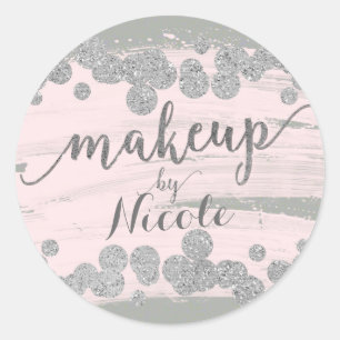 Pegatina Redonda Blush Rosa Plateado y Gris Brillo Puntos Maquillaj