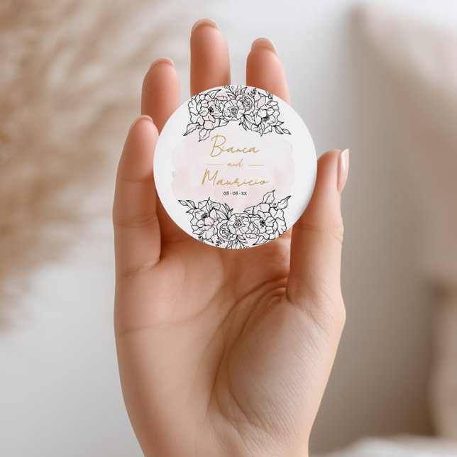 Pegatina Redonda Blush Watercolor with Elegant Black Floral (Blush Watercolor with Elegant Black Floral Classic Round Sticker)