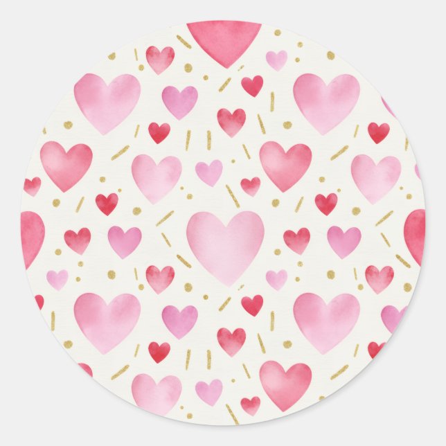Pegatina Redonda Blushing Rose Watercolor & Gold Glitter Hearts (Anverso)