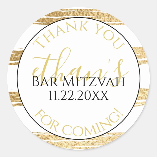 Pegatina Redonda BM Bat Mitzvah Bar Mitzvah Gold Stripes Elegante (Anverso)